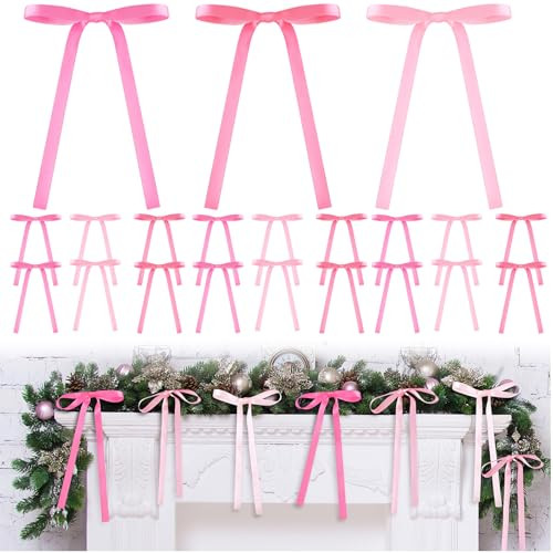 Glitinsel 24 Pcs Coquette Christmas Pink Bow Decoration 5 X7 Inch Pink Satin Ribbon Bows Twist Tie Bows for Xmas Home Wedding Coquette Aesthetic Party Decor(Hot Pink Series) | Amazon (US)