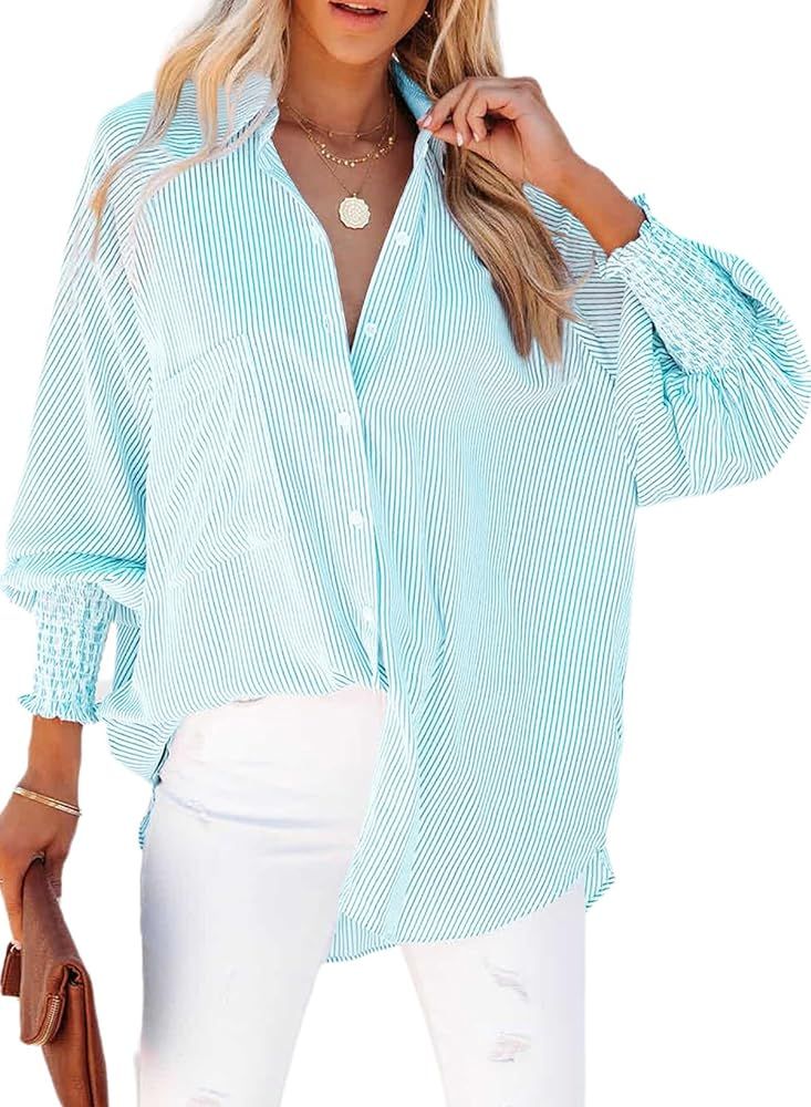 Women's Smocked Cuffed Striped Boyfriend Shirt with Pocket Casual Collar Long Sleeve Blouse Tops ... | Amazon (US)