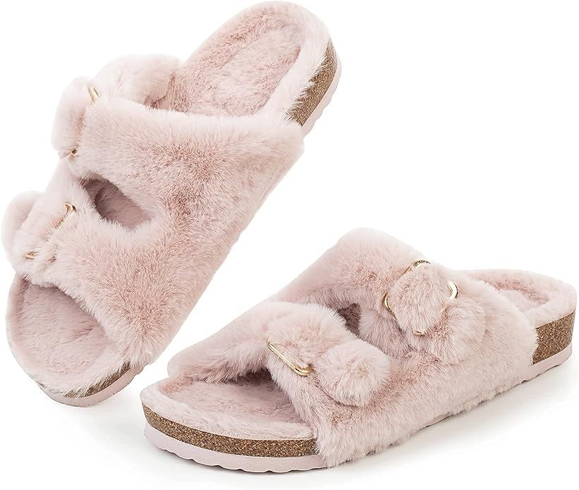 FITORY Womens Open Toe Slipper with Cozy Lining,Faux Rabbit Fur Cork Slide Sandals Size 6-11     ... | Amazon (US)