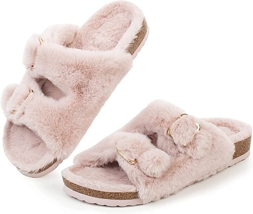 FITORY Womens Open Toe Slipper with Cozy Lining,Faux Rabbit Fur Cork Slide Sandals Size 6-11 | Amazon (US)