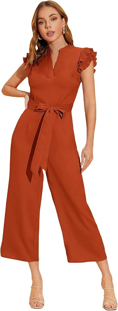 WDIRARA Women's Layered Ruffle Cap Sleeve Notched V Neck Belted Jumpsuit Pants | Amazon (US)