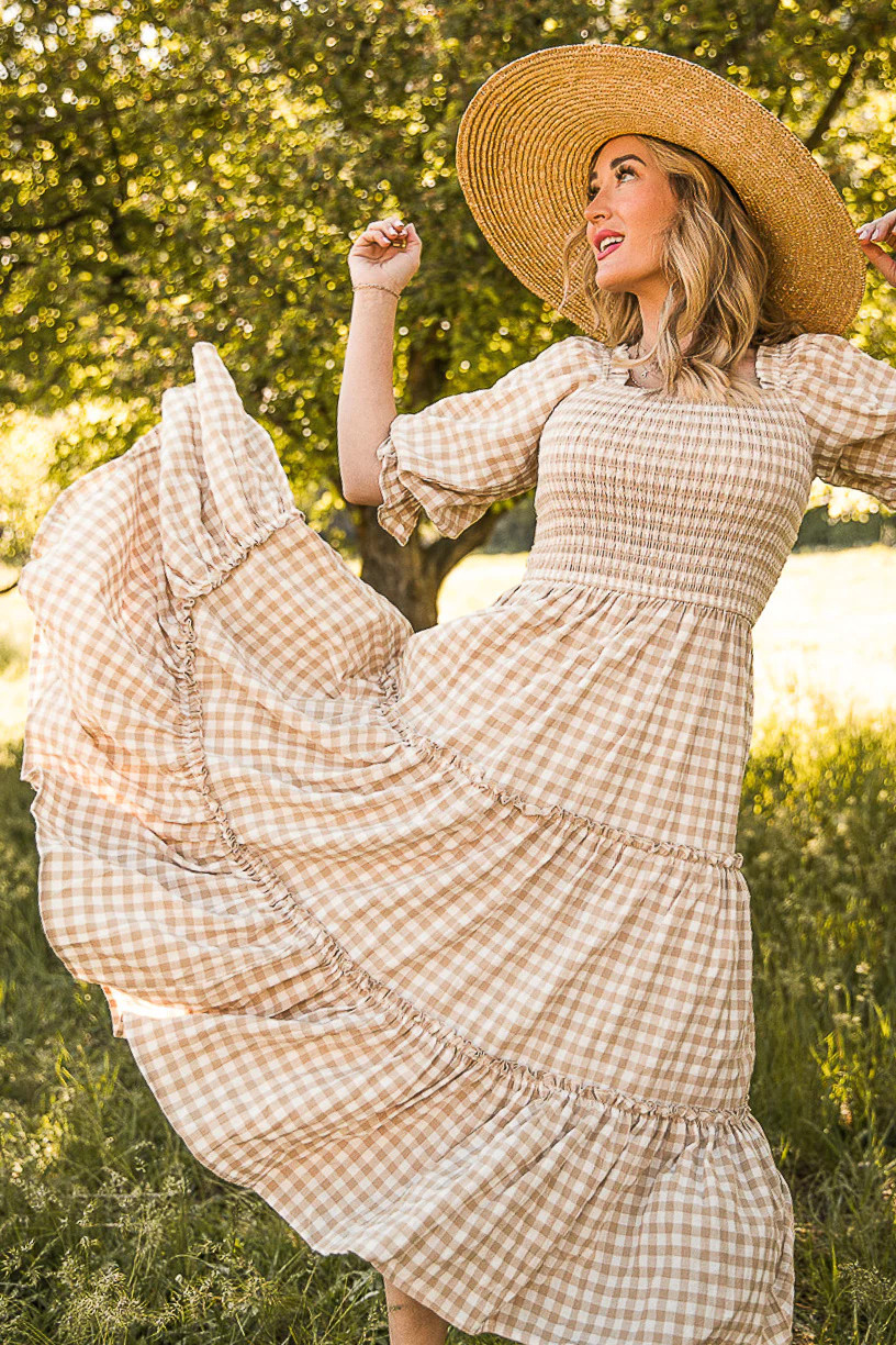Madeline Dress in Tan Gingham | Ivy City Co
