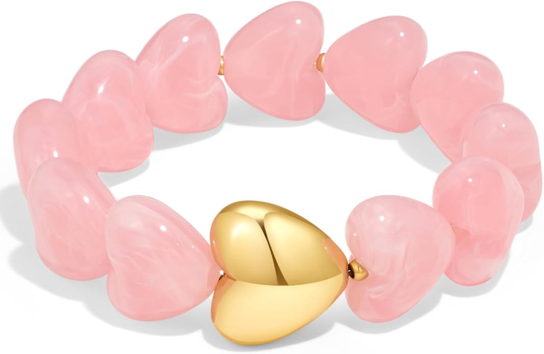 Heart Bead Bracelet for Women Chunky Beaded Statement Bracelet Boho Acrylic Resin Bead Strand Bra... | Amazon (US)