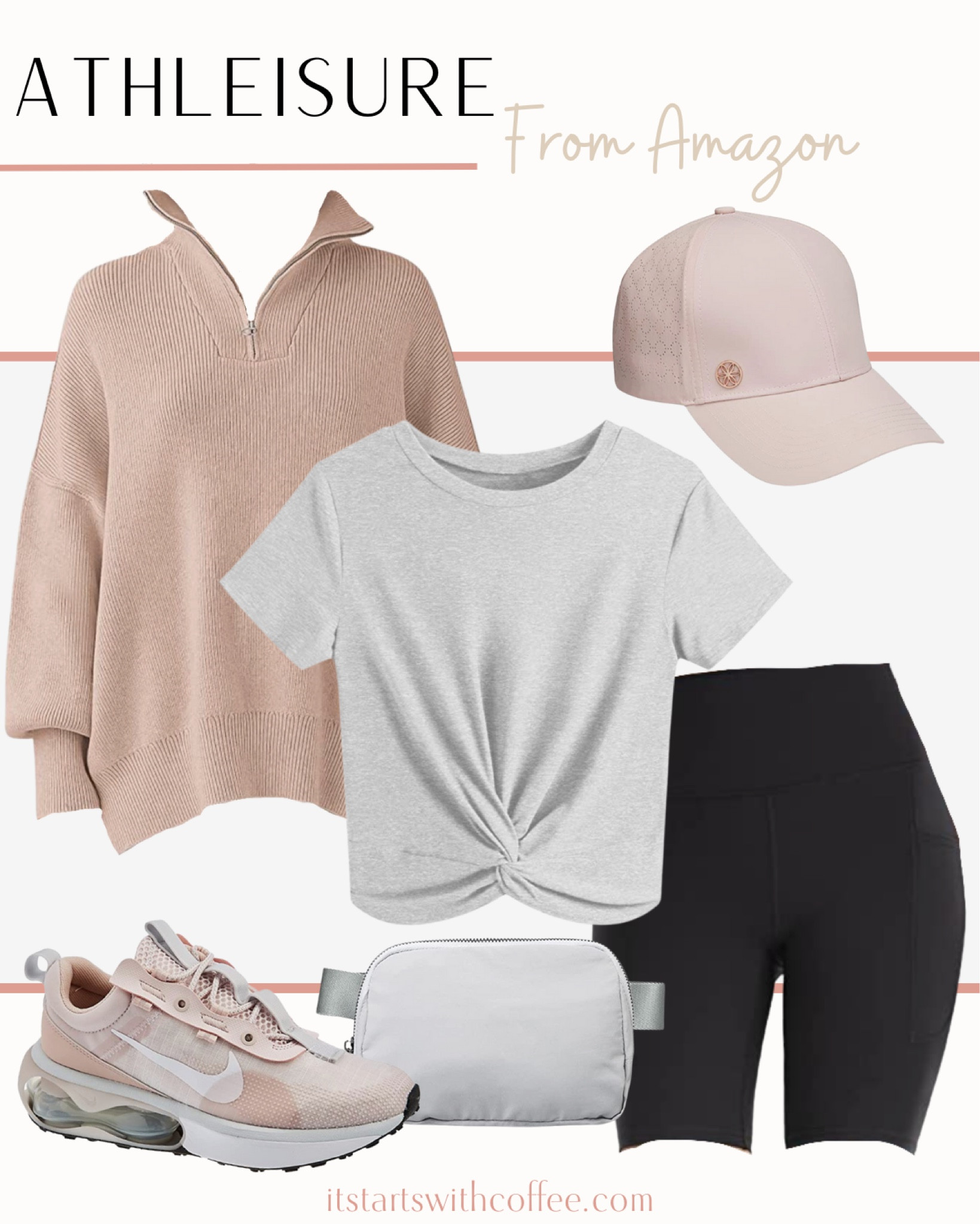 Athleisure from Amazon includes quarter zip sweatshirt, tie knot shirt, biker shorts, pink athletic hat, Nike tennis shoes, and belt bag

#LTKunder50 #LTKstyletip #LTKfit