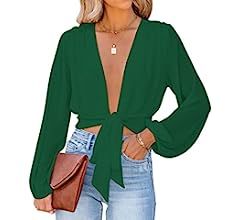 LYANER Women's Deep V Neck Tie Front Knot Long Sleeve Sexy Wrap Crop Top Blouse | Amazon (US)