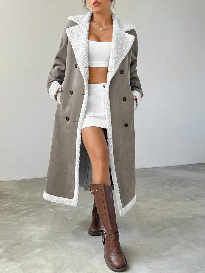 SHEIN EZwear Women's Colorblock Fluffy Collar Double-Breasted Long Casual Coat, Autumn/Winter | SHEIN