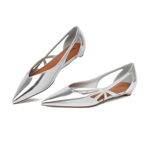 Reitoye Silver Flats for Womens Closed Pointed Toe Ballet Flat Comfortable Dressy Work Slip On Casual Shoes Womens Flats Size 9.5 | Amazon (US)