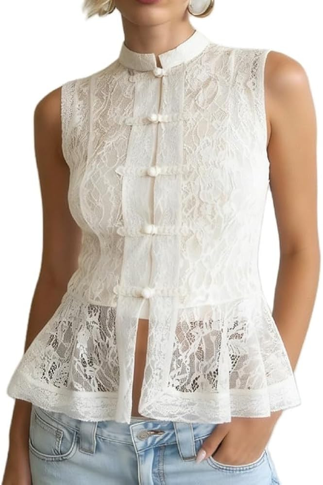 Women\u2019s Mandarin Collar Tank Top Sleeveless Lace Collars Button Blouse Shirt Y2K Fitted Mock... | Amazon (US)