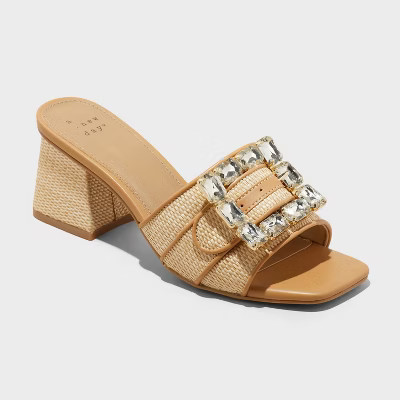 Women's Kathleen Raffia Buckle Block Heels - A New Day™ Beige 8.5: Slip-On Open Square Toe Pumps | Target