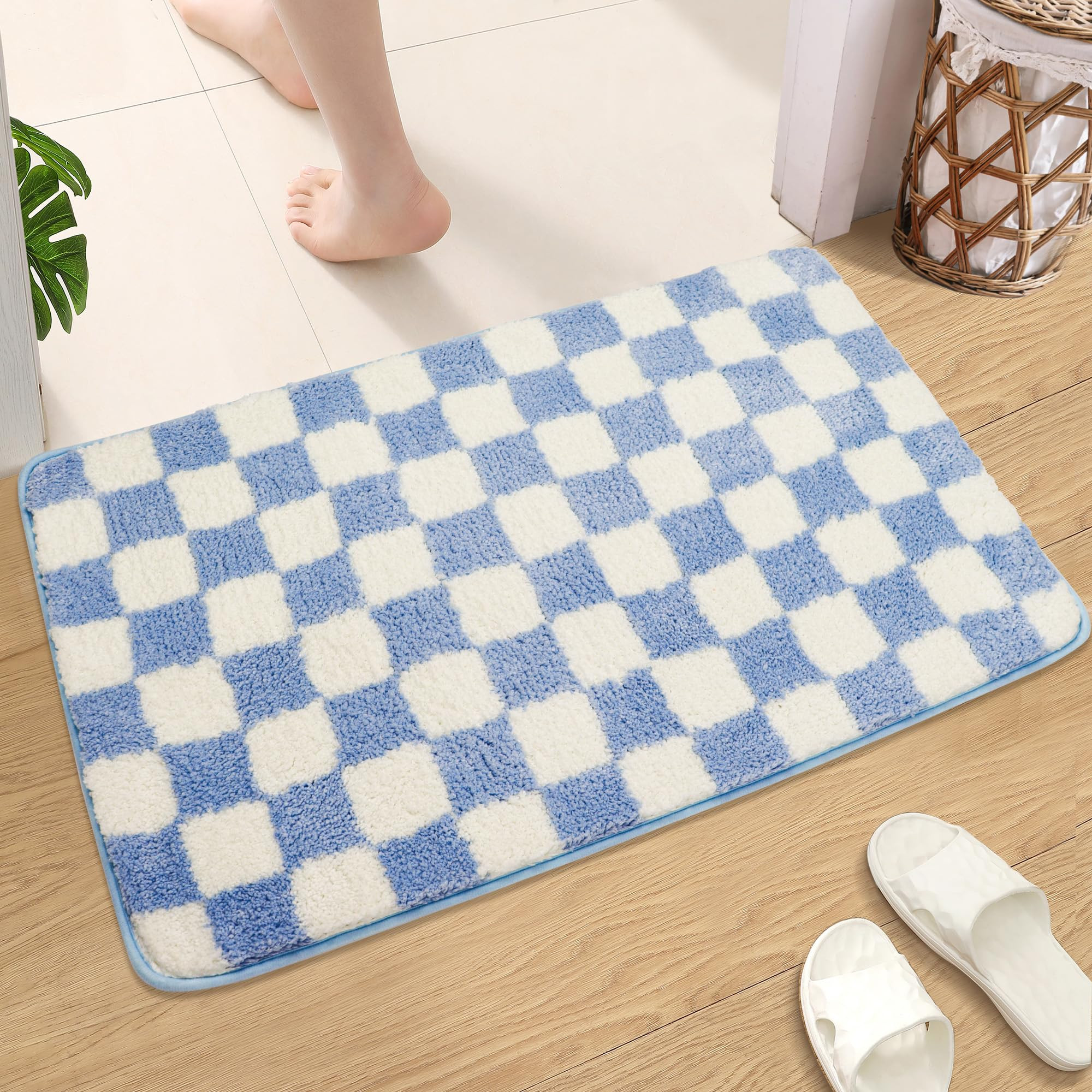Checkered Bath Mat Blue White Bathroom Rugs Moroccan Checkerboard Rug Non Slip Doormat Water Abso... | Amazon (US)