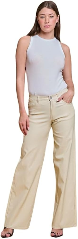 LOVER BRAND FASHION Pantalones de pierna ancha de piel sintética súper elástica de cintura alt... | Amazon (US)