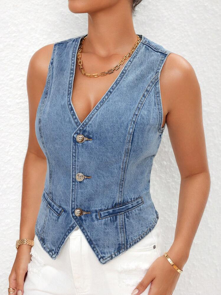 SHEIN Essnce Women's Summer Single-Breasted Casual Denim Vest | SHEIN