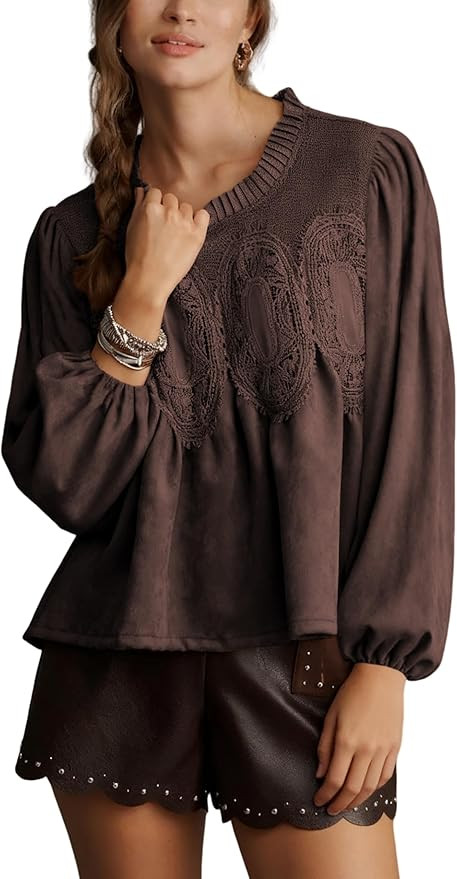 Lentta Women's Lace-Detail Suede Flared Blouse Long Sleeve Crew Neck Swing Babydoll Tops Elegant ... | Amazon (US)