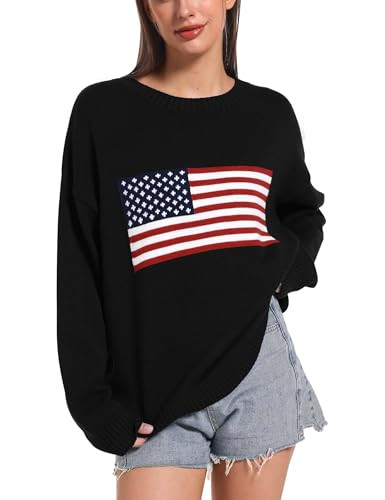 Ugerlov Women's Oversized American Flag Sweater Long Sleeve Crewneck Knit USA Sweaters 2024 Fall Chunky Warm Pullover Tops Black S/M | Amazon (US)