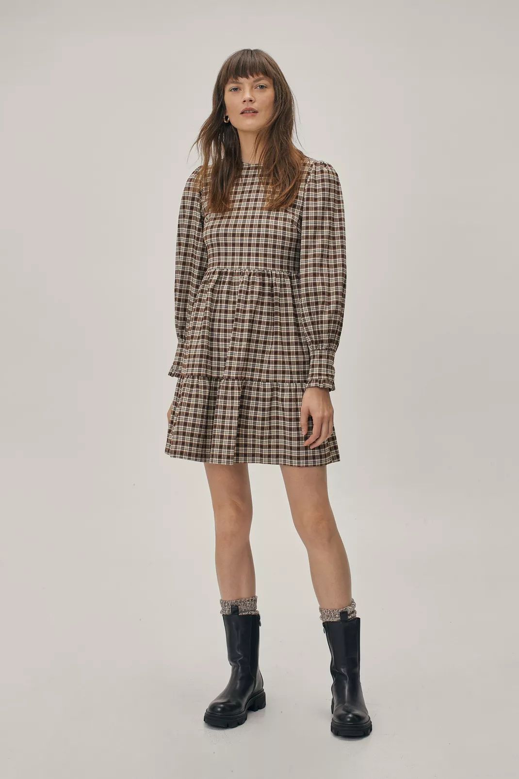 Check Tiered Puff Sleeve Mini Dress | Nasty Gal (US)