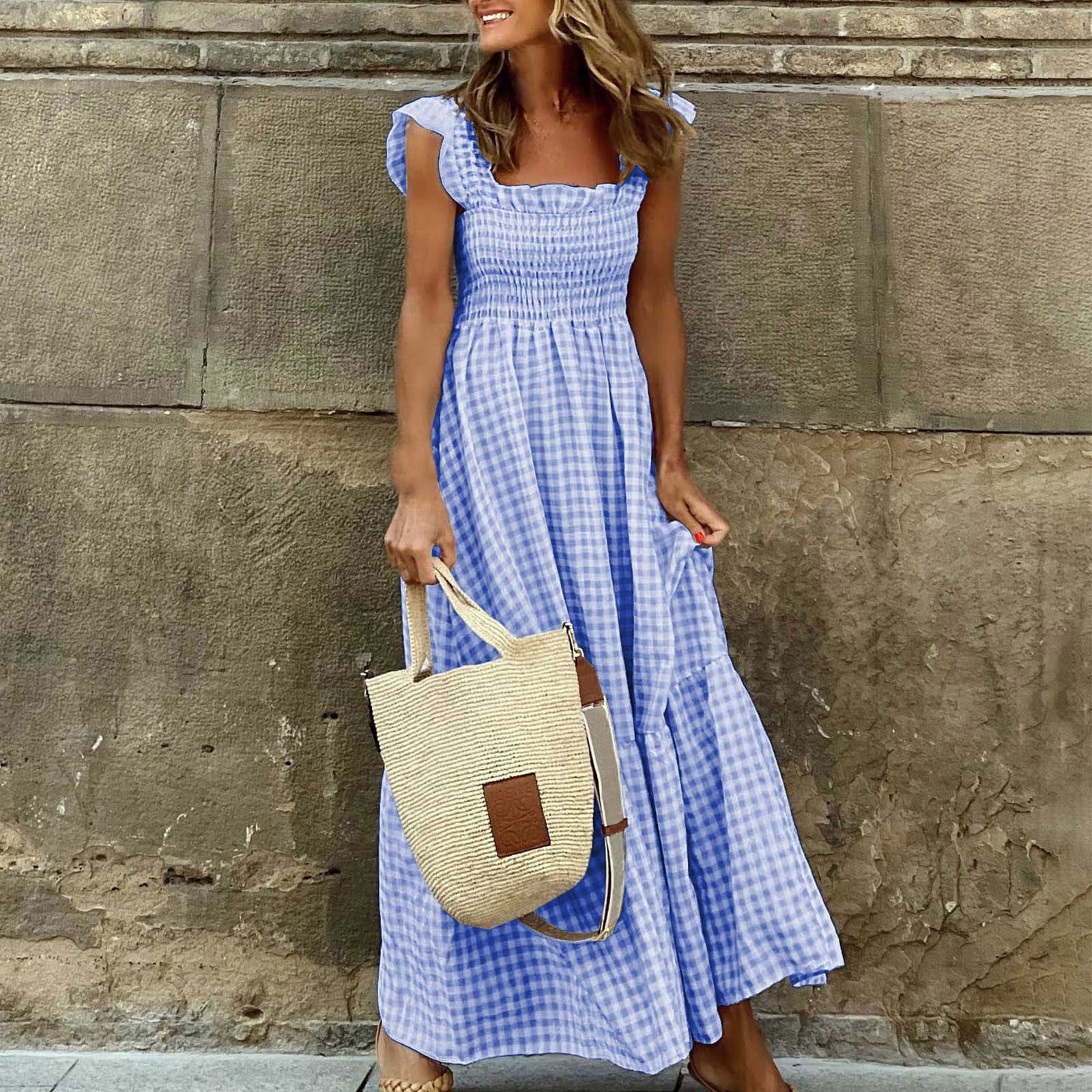 CFLVAEK Womens Summer Smocked Dress Check Print Women Maxi Dress Casual Ruffle Cap Sleeve Square ... | Walmart (US)