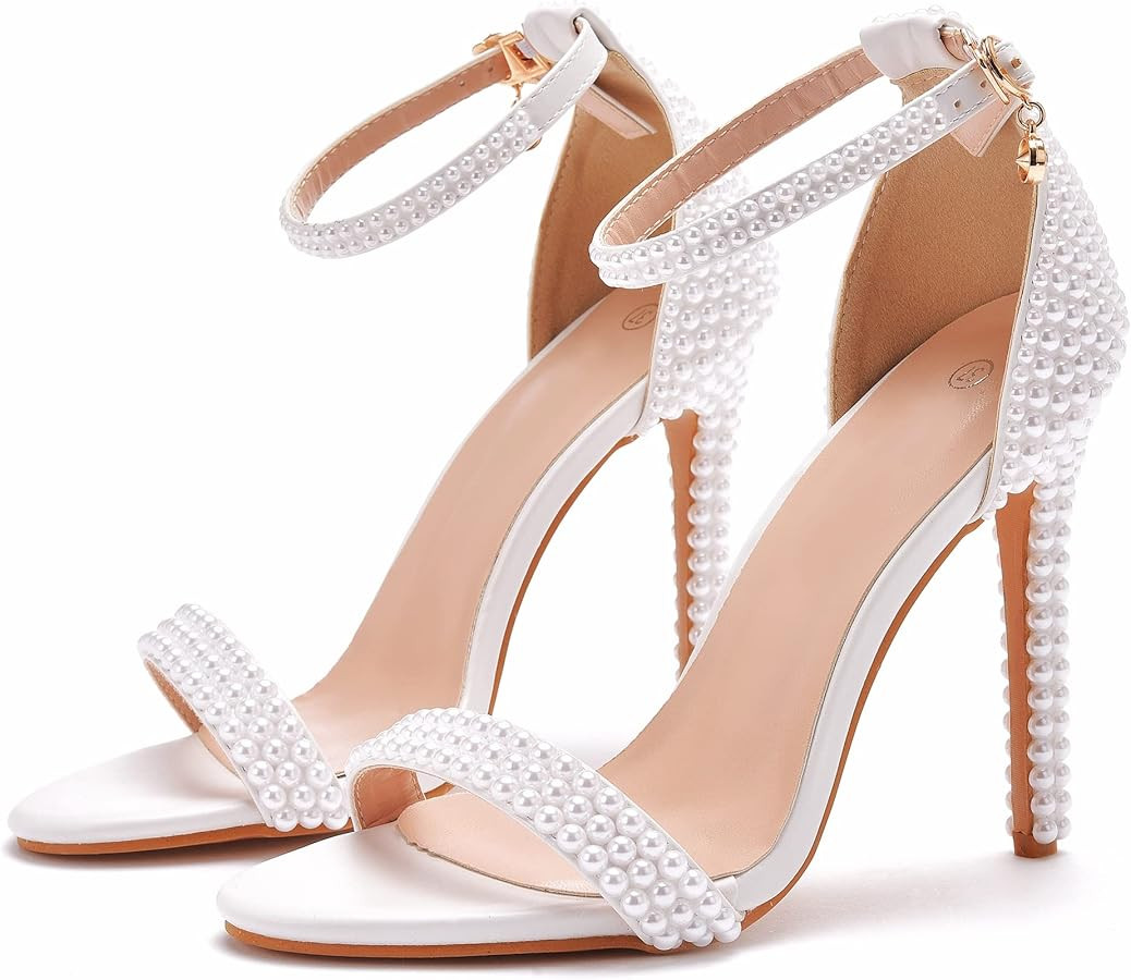 4.3'' Ivory Pearls Stiletto Heels Sandals Peep Toe Women's High Heel Sandals Pump Shoes for Bride... | Amazon (US)
