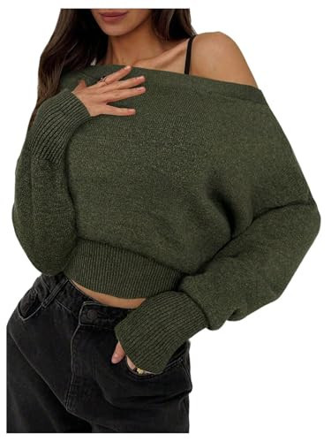 RoseSeek Women's Off The Shoulder Sweater Long Sleeve Knit Pullover Cinched Waist Tops Trendy Fall Outfits Army Green Small | Amazon (US)