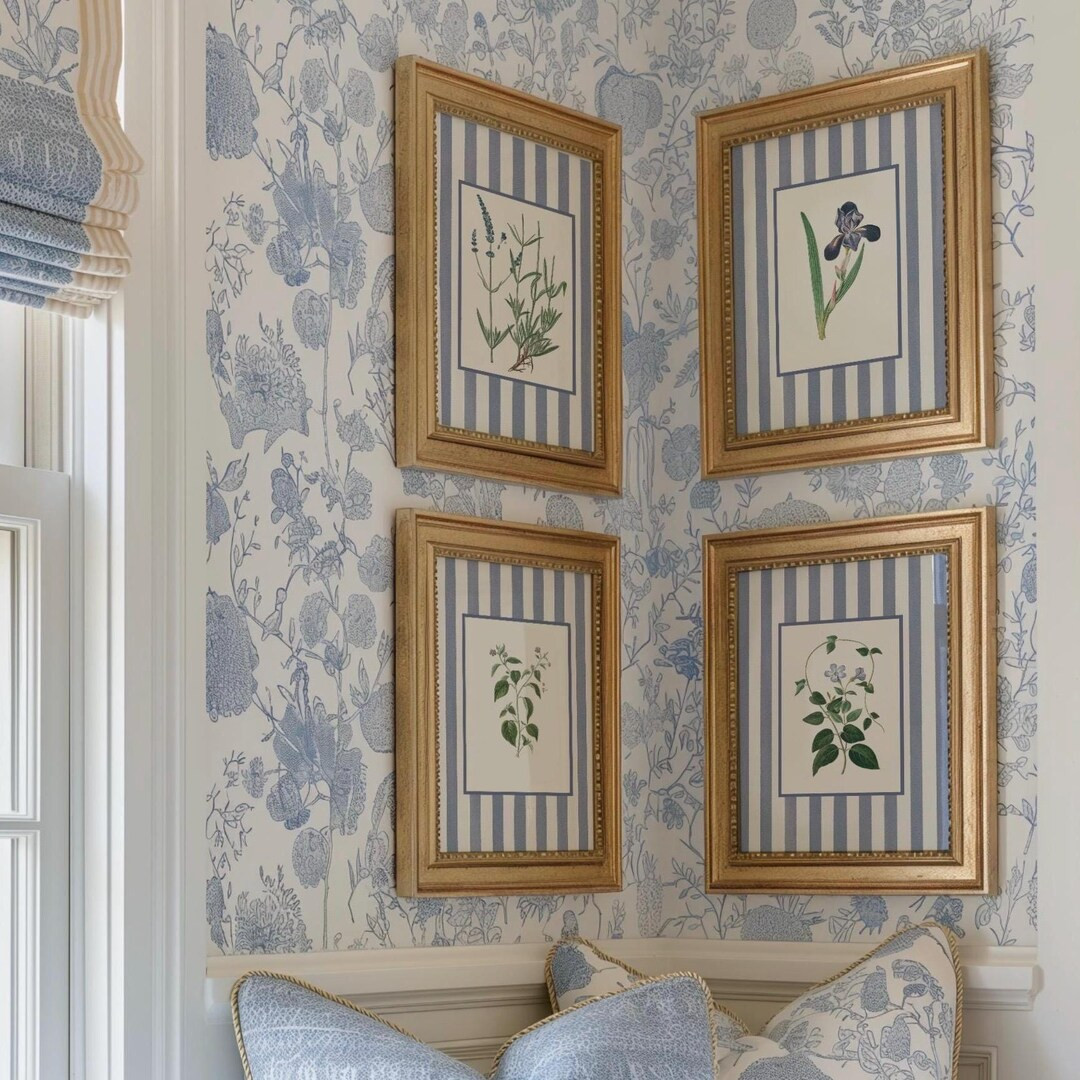 8 Light Periwinkle Striped Blue Antique Botanical Art, Nancy Meyers Inspired Art Prints Digital D... | Etsy (US)
