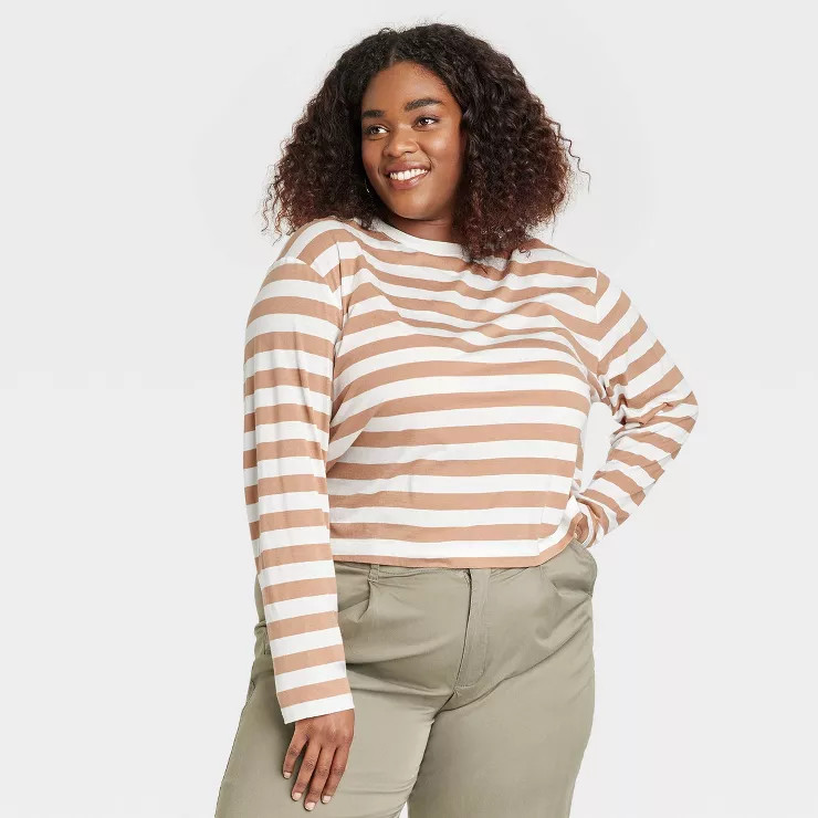 Women's Long Sleeve Boxy T-Shirt - A New Day™ Striped | Target
