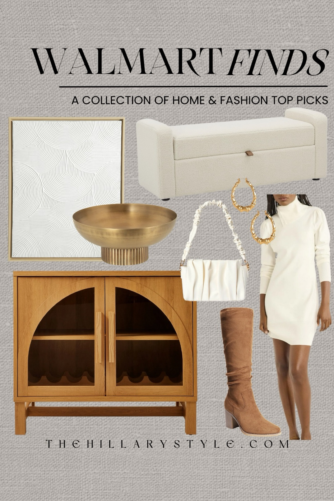 Walmart Finds: a collection of home decor and fashion top picks. Sweater dress, camel boots, white handbag, bamboo gold earrings, white storage bench, wood cabinet, white framed art, brass pedestal bowl.

#LTKStyleTip #LTKHome #LTKSeasonal