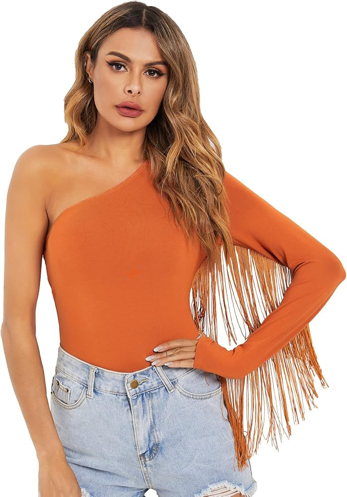 Verdusa Women's Fringe Trim One Shoulder Long Sleeve Bodysuit Top | Amazon (US)