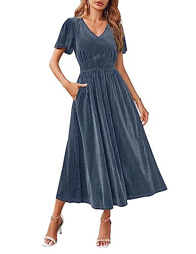 MEROKEETY Women's Flutter Short Sleeve V Neck Velvet Maxi Dress Bridesmaid Wedding Guest Formal Dresses Greyblue XL | Amazon (US)