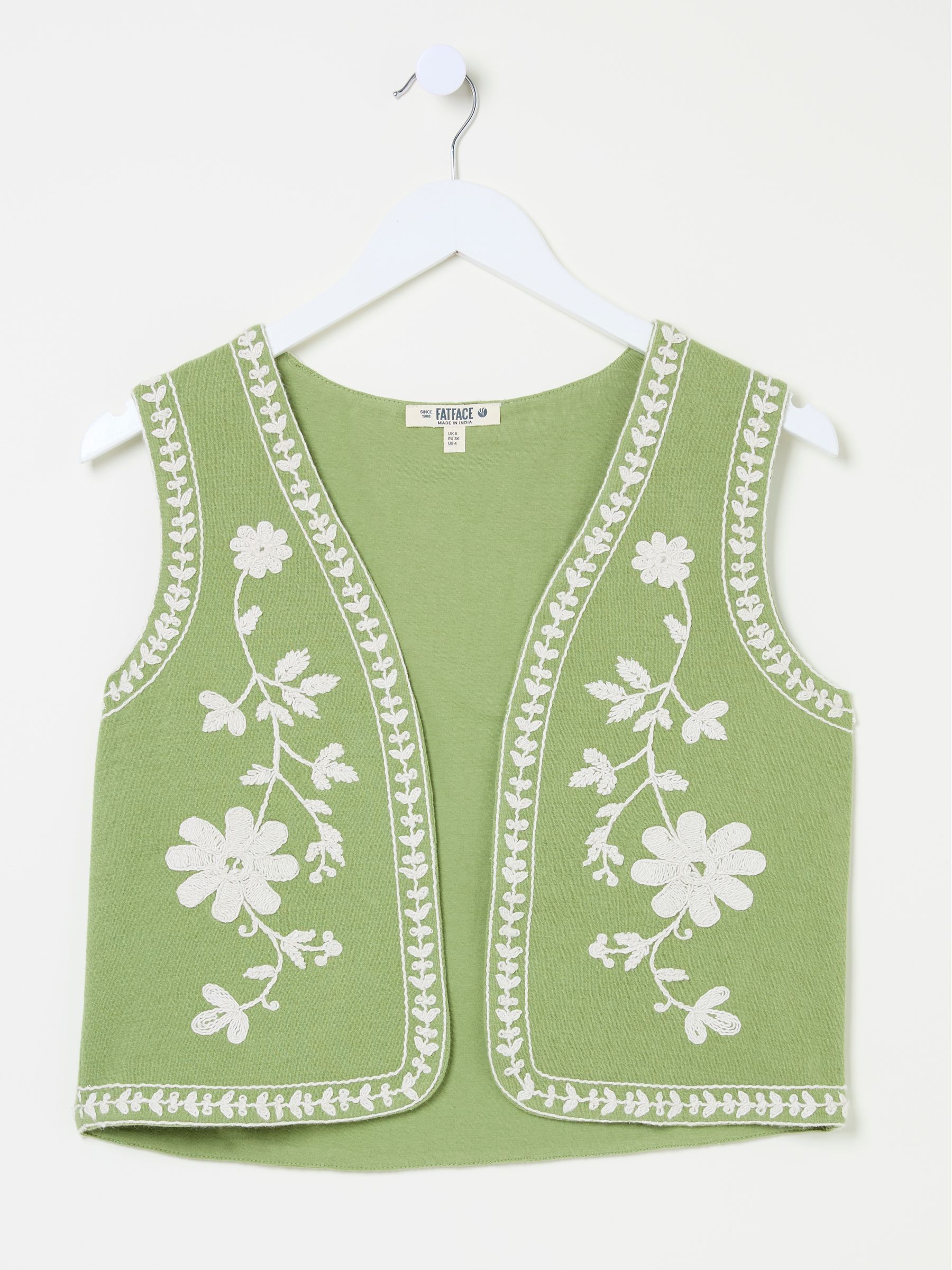 Fat Face FatFace Olive Green 100% Cotton Embroidered Jersey Waistcoat | Next EU