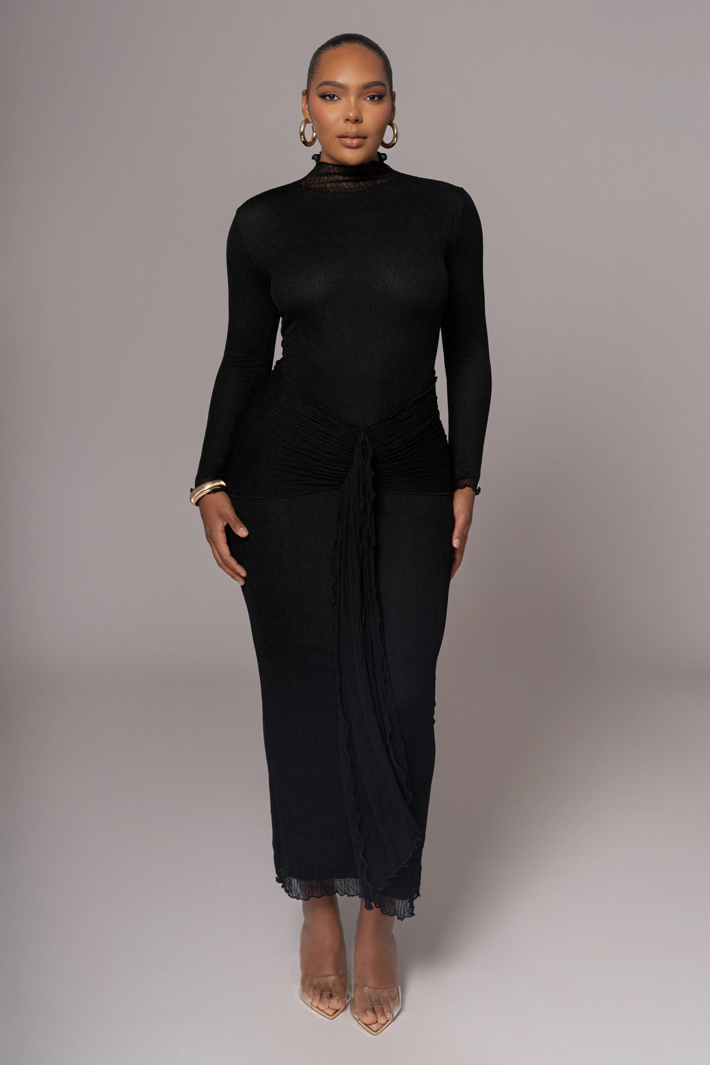 Black Drape Mock Neck Dress | JLUXLABEL