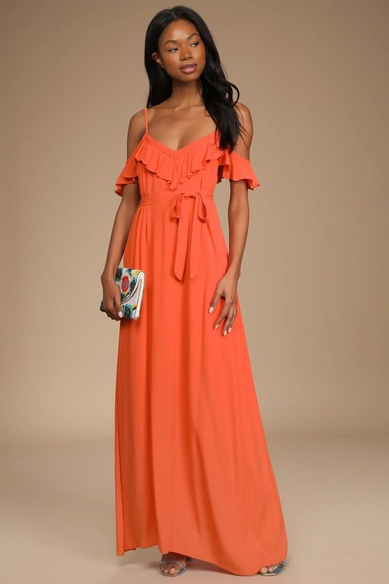 Tropical Thrills Coral Ruffled Off-The-Shoulder Maxi Dress | Lulus (US)