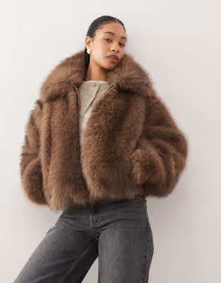 Monki short faux fur jacket in mid brown | ASOS (Global)