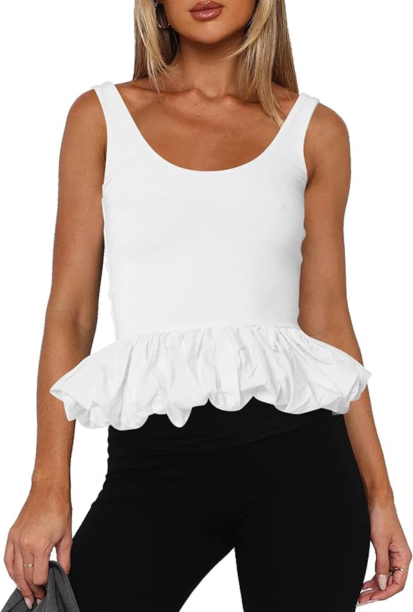Women Y2k Ruffle Hem Babydoll Crop Tank Tops Aesthetic Sleeveless Peplum Top Backless Summer Goin... | Amazon (US)