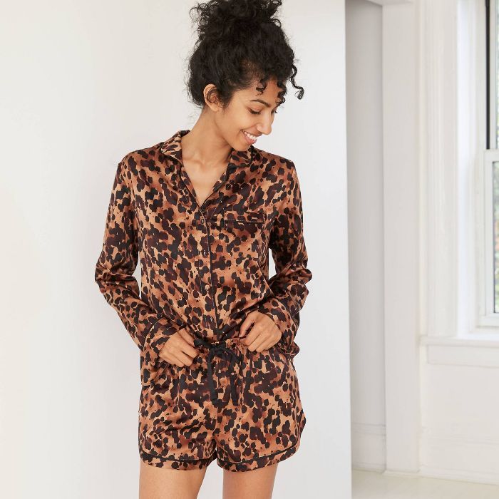 Women's Tortoise Print Long Sleeve Notch Collar Top and Shorts Pajama Set - Stars Above™ Brown | Target