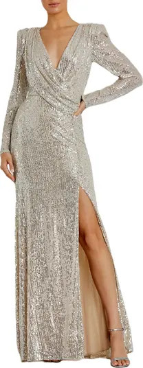 Sequined Long Sleeve Faux Wrap Ruched Gown | Nordstrom