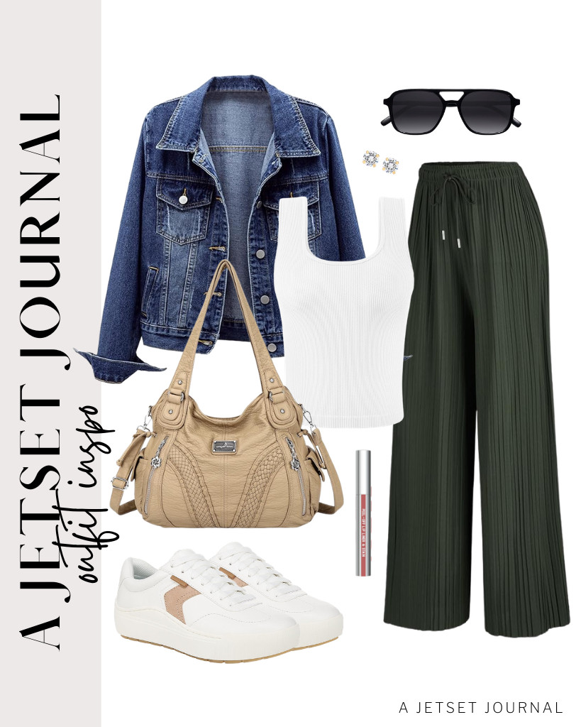 You can layer a ripped denim jacket from Ladyful on top of a white ribbed fitted top for this outfit, then pair it with olive Lock and Love palazzo pants. To style this fit, you can add a top-handle satchel purse and SOJOS aviator sunnies. Step into these sneakers from Dr. Scholl’s.

#LTKSeasonal #LTKSaleAlert #LTKTravel
 

 