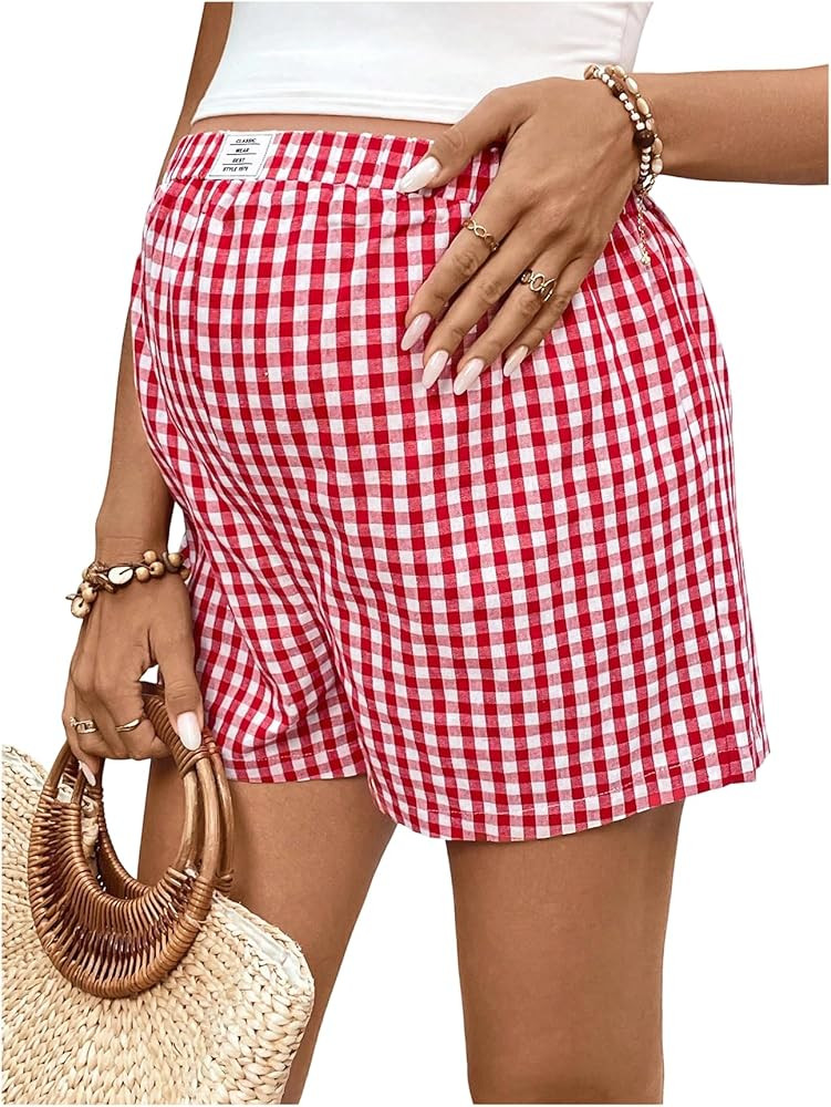 MakeMeChic Women's Maternity Shorts Plaid Elastic High Waist Summer Wide Leg Shorts | Amazon (US)