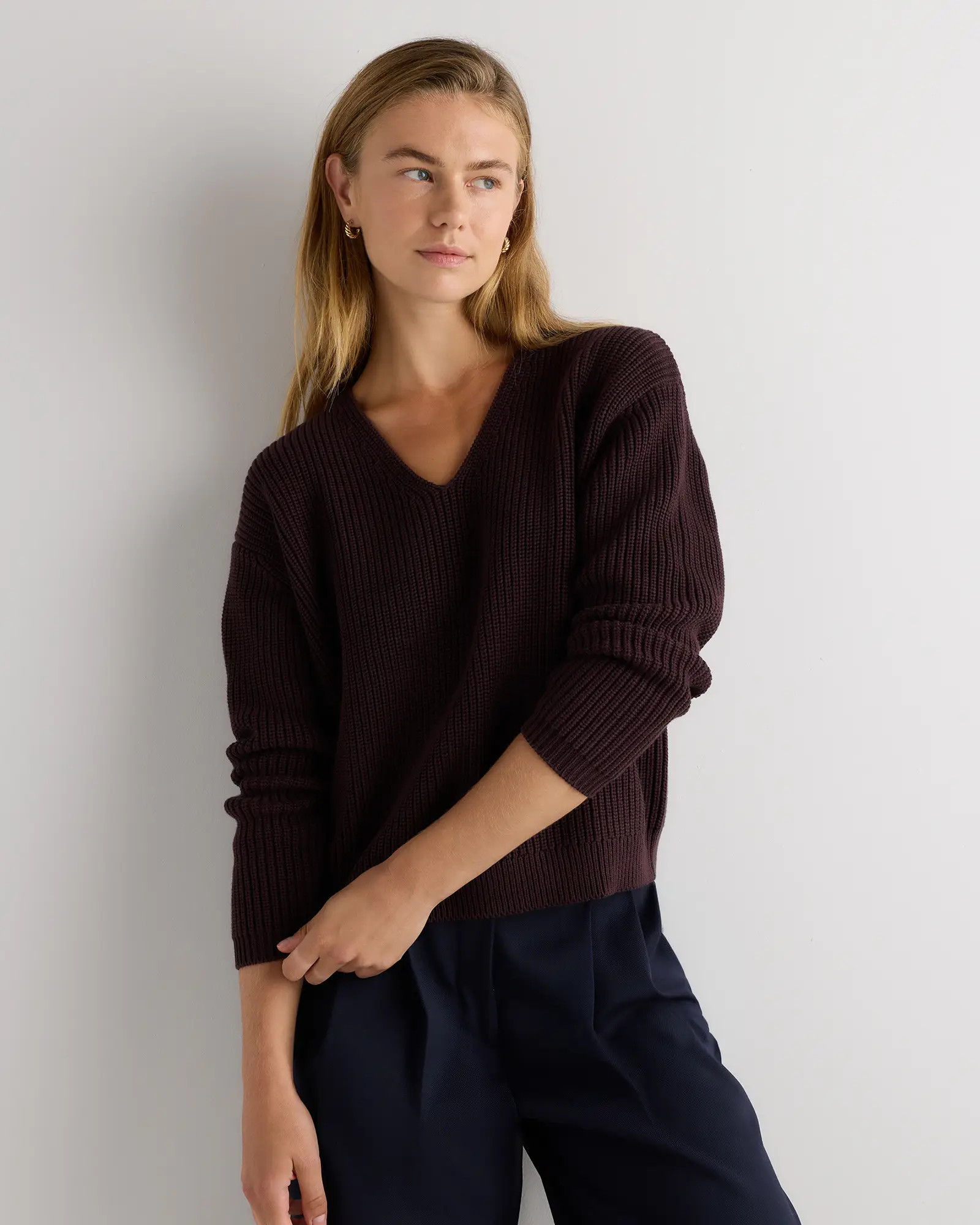 100% Organic Cotton Fisherman V Neck Sweater | Quince