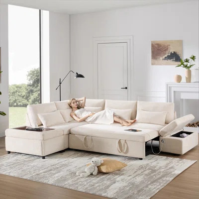 107'' Sectional Sleeper Sofa Bed with Pull Out Couch, L-shaped with Adjustable Armrest, USB&Type-C Charging, Free Movement Storage Ottoman, Free Combi | Wayfair North America
