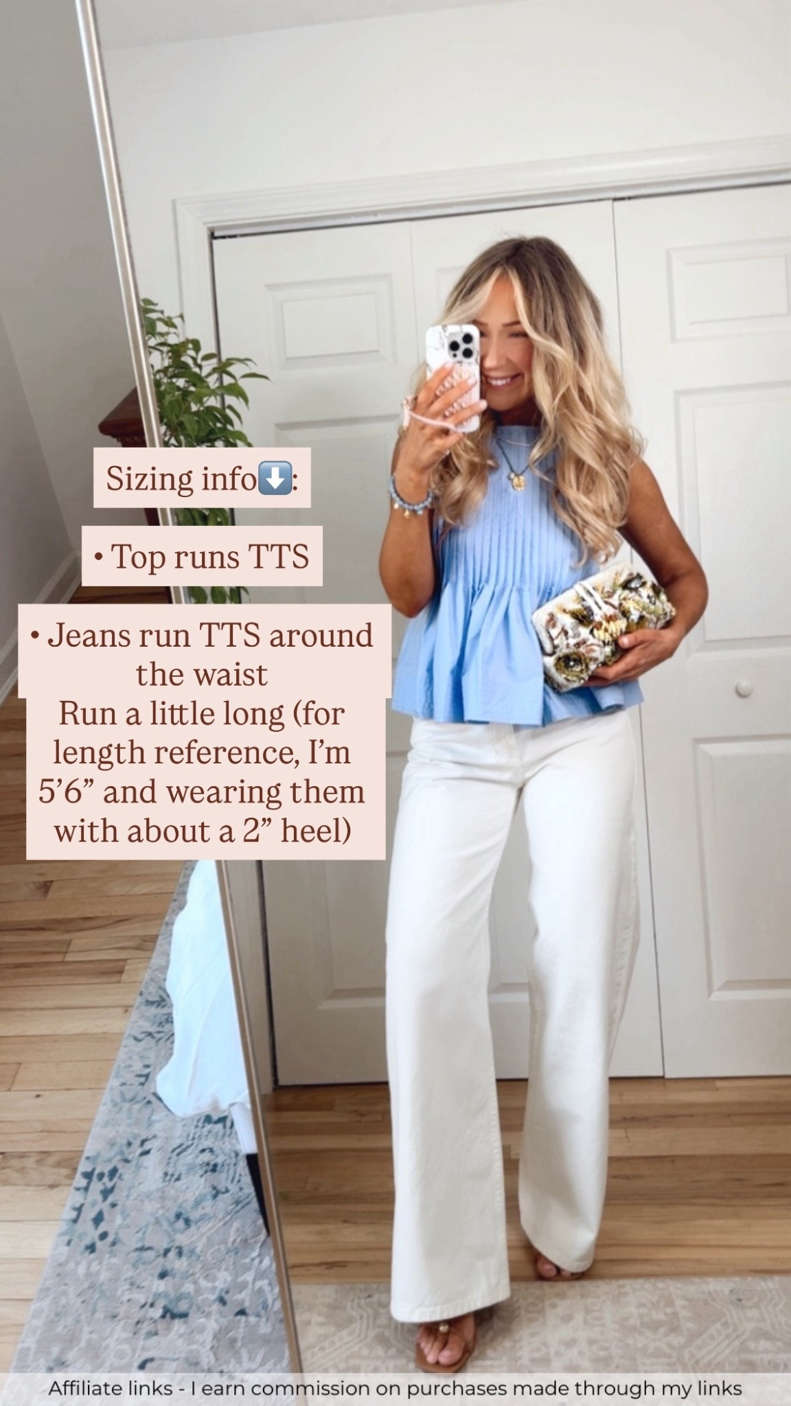 Affiliate links - I earn commission on purchases made through my links | Summer outfit 2026
Walmart summer top flowy bump friendly
Zara jeans white wide leg long
Zara statement bag
Strappy low heel sandals
Cute top and jeans outfit
Brunch outfit idea 