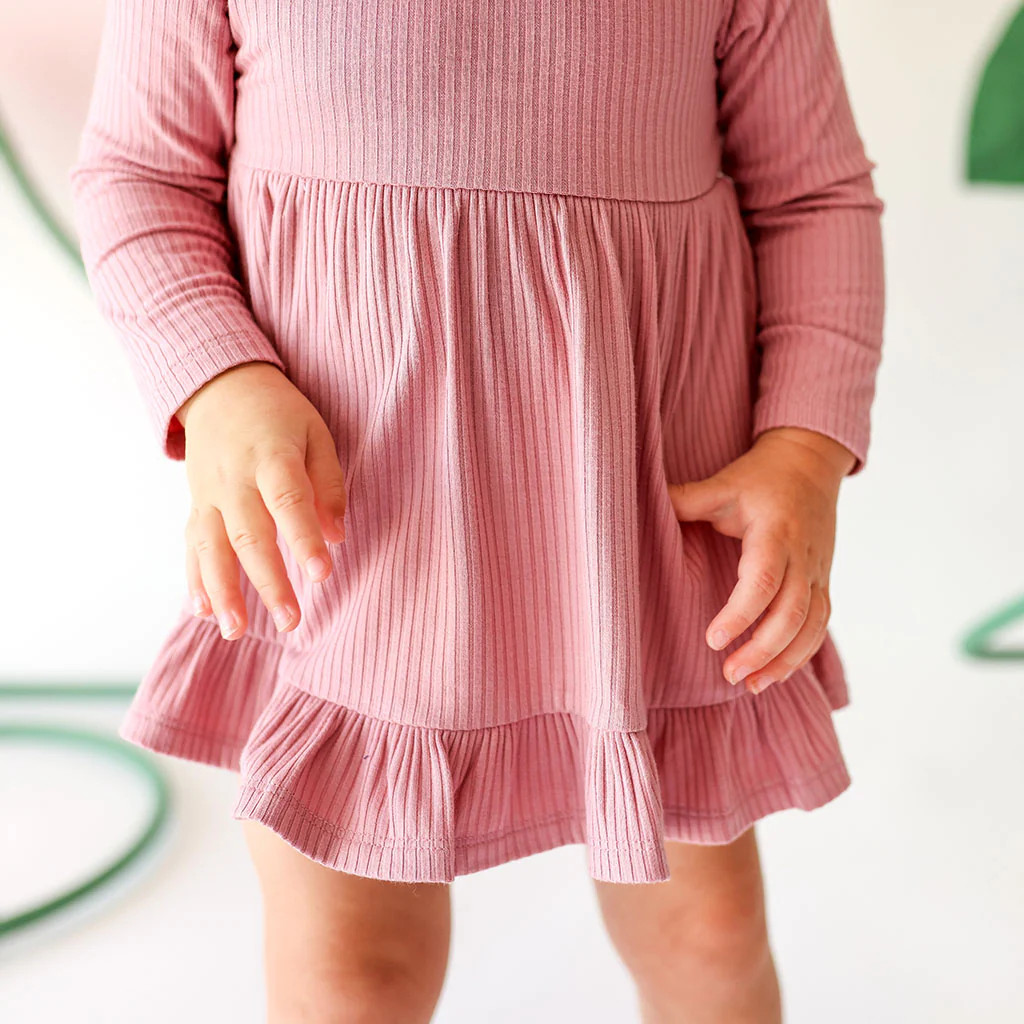 Solid Ribbed Pink Ruffled Baby Bodysuit Dress | Dusty Rose Ribbed | Posh Peanut