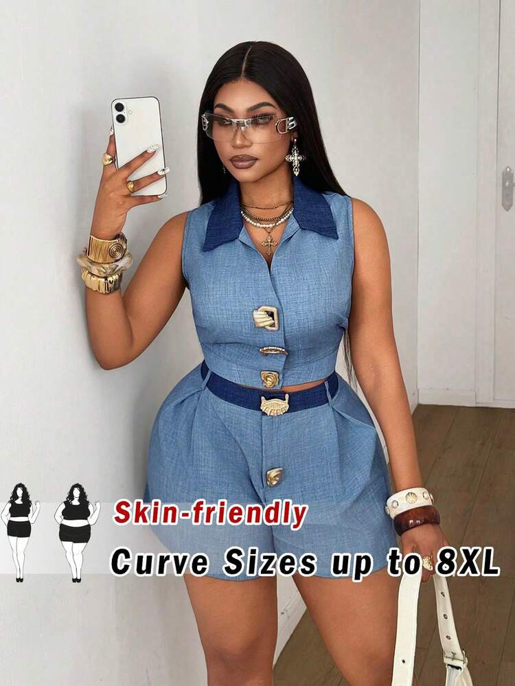 SHEIN CURVE+ Plus Size Summer Commuter Front Button Collar Sleeveless Top And Shorts 2 Pieces Set | SHEIN