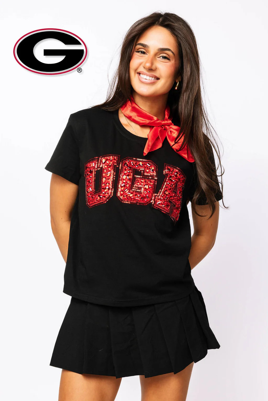 Licensed 'UGA' Black with Multi Jewel Letter Tee | Queen of Sparkles