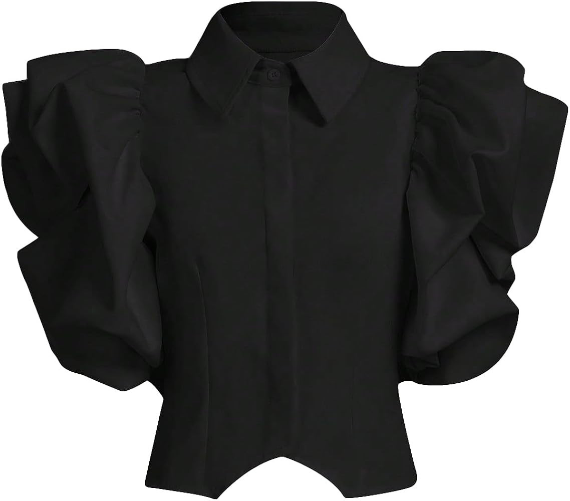 OYOANGLE Women's Elegant Button Down Ruffle Short Puff Sleeve Collared Neck Blouse Party Cocktail... | Amazon (US)