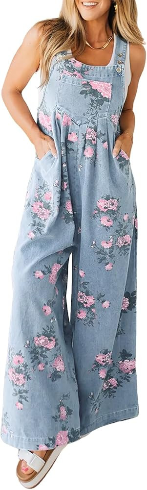 ebossy Women's Floral Denim Bib Overalls Adjustable Straps Sleeveless Wide Leg Long Jean Jumpsuit | Amazon (US)