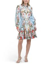 Long Sleeve Placed Print Mini Shirt Dress With Flounce Hem | TJ Maxx