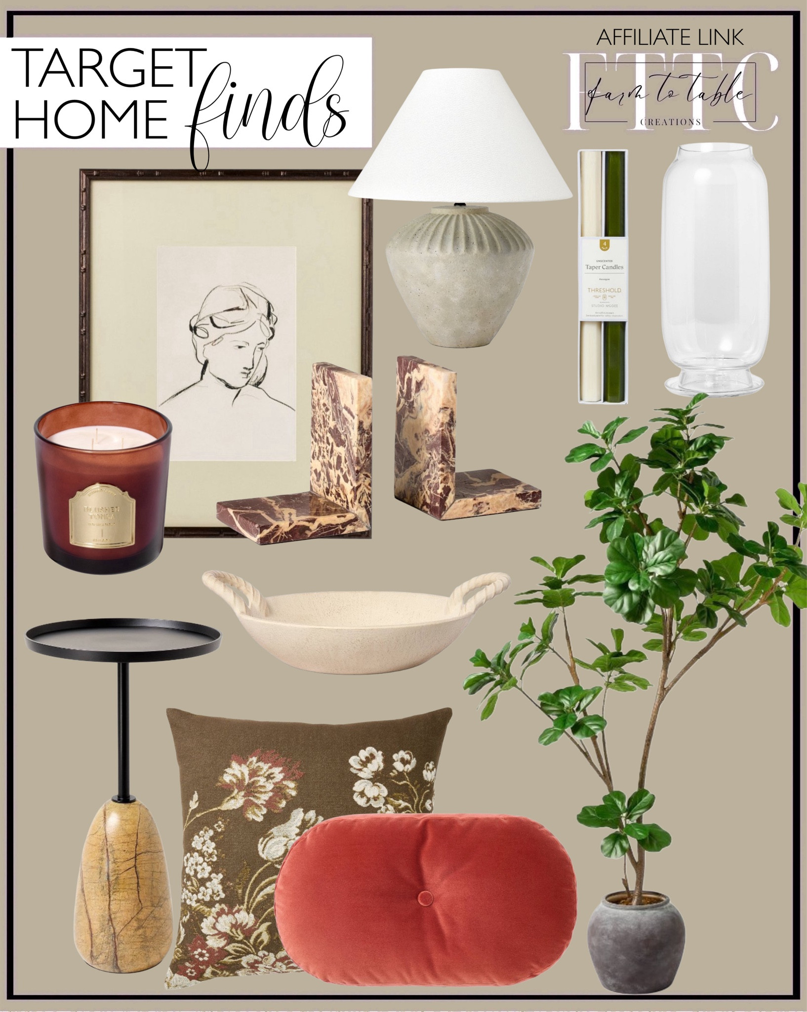 Target Home Finds. Follow @farmtotablecreations on Instagram for more inspiration.

Decorative Bookends. Line Drawn Portrait Framed Wall Art. Glass Jar Candle. Marble Drink Side Table. Floral Square Throw Pillow. Ceramic Bowl. Faux Fig Tree. Ceramic Table Lamp. Taper Candles. Glass Hurricane Candle Holder. Oval Shaped throw pillow. 

#target #targetdecor #falldecor #cozyhome #targetstyle

#LTKStyleTip #LTKHome #LTKFindsUnder50