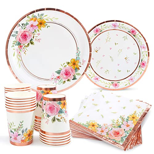 HOMIX Floral Paper Plates and Napkins Cups Sets Pink Flower Tea Party Supplies Disposable Dinnerware Sets Serves 24 for Bridal Shower, Birthdays | Amazon (US)