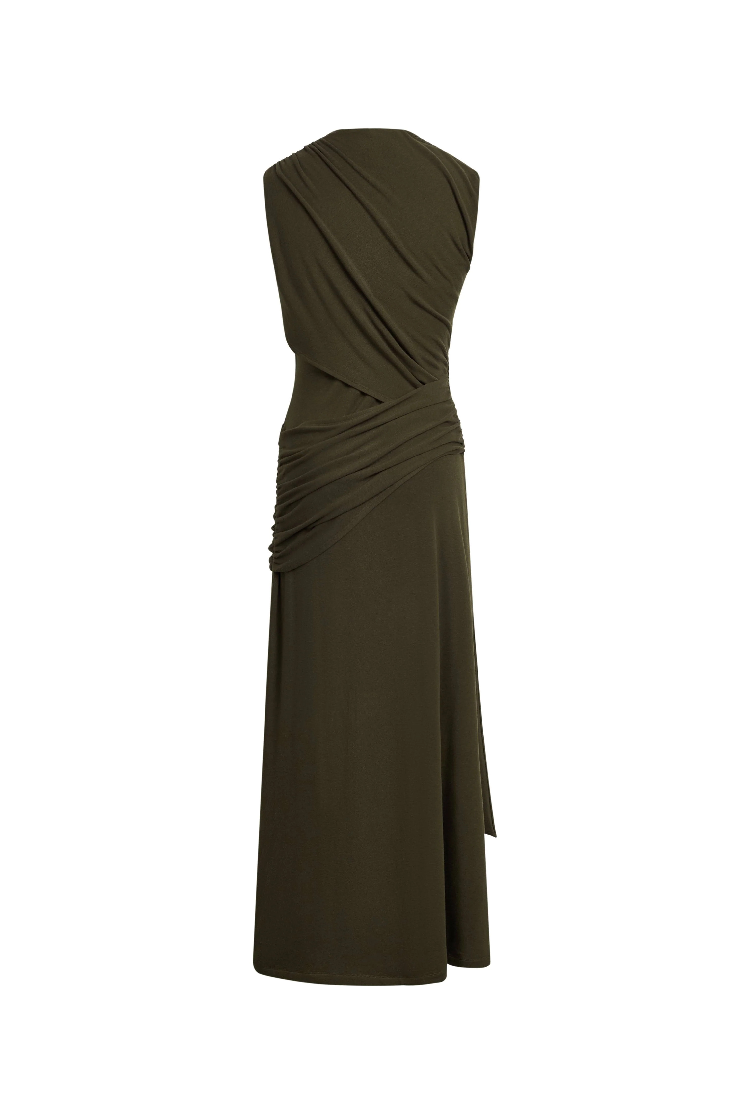 Delilah Olive Asymmetric Draped Sleeveless Dress in wool Blend Knit | Fabrique