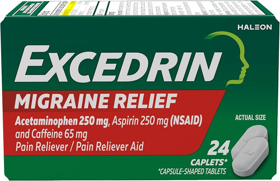 Excedrin Migraine Relief Caplets for Migraine Symptoms, Acetaminophen 250mg, Aspirin 250mg, Caffe... | Amazon (US)