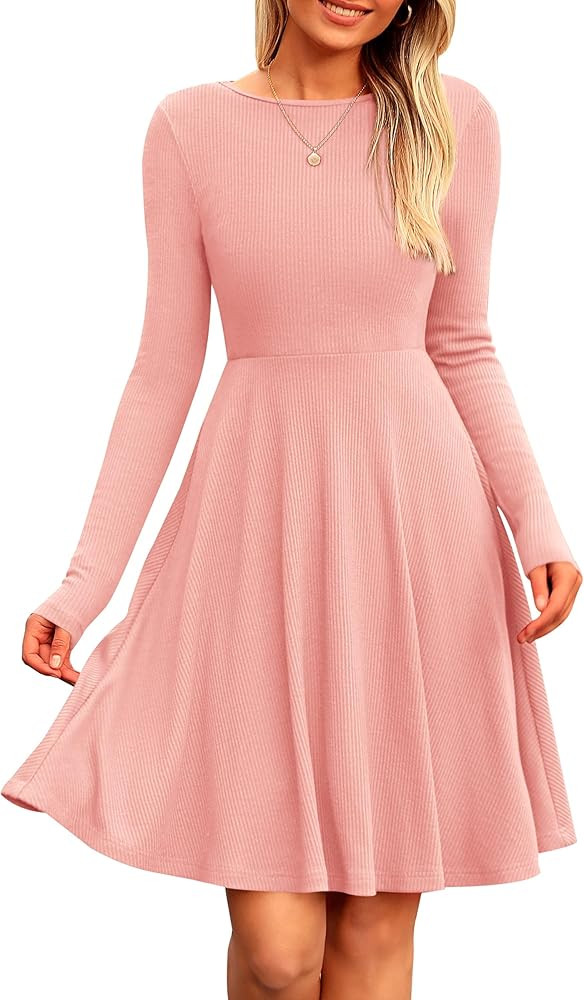PRETTYGARDEN Women's Fall Short Dress Ribbed Knit Crewneck Long Sleeve A Line Flowy Casual Elegan... | Amazon (US)